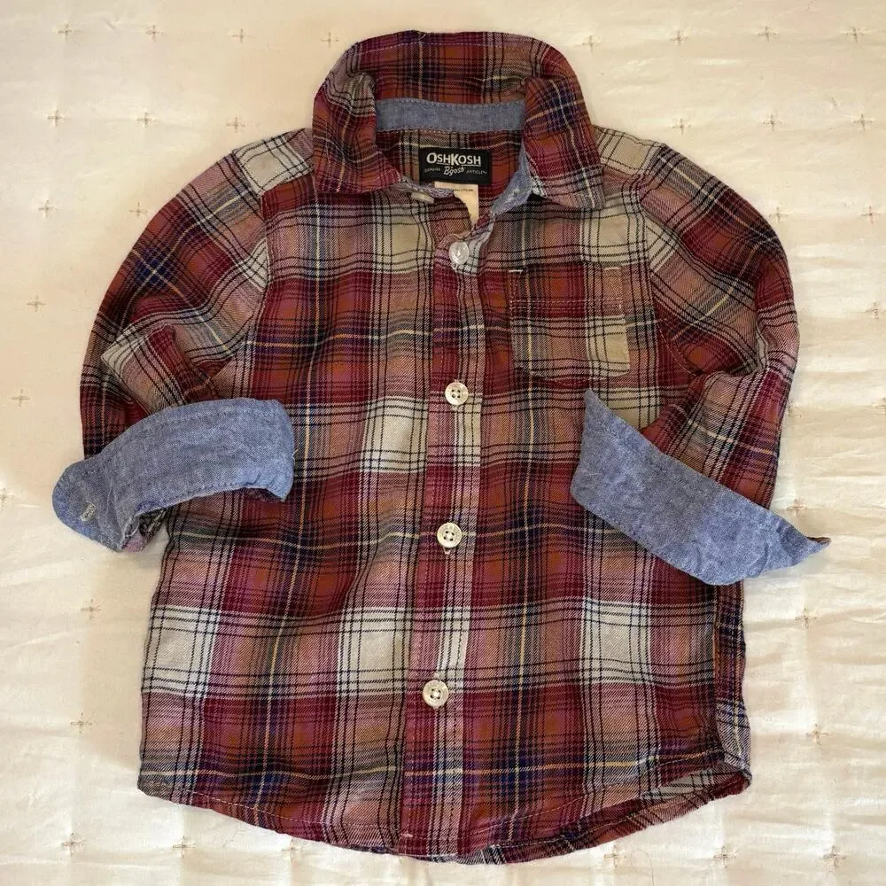 Oshkosh B'gosh Brushed Cotton Plaid Button Up Shirt Boys 18M | Red Blue